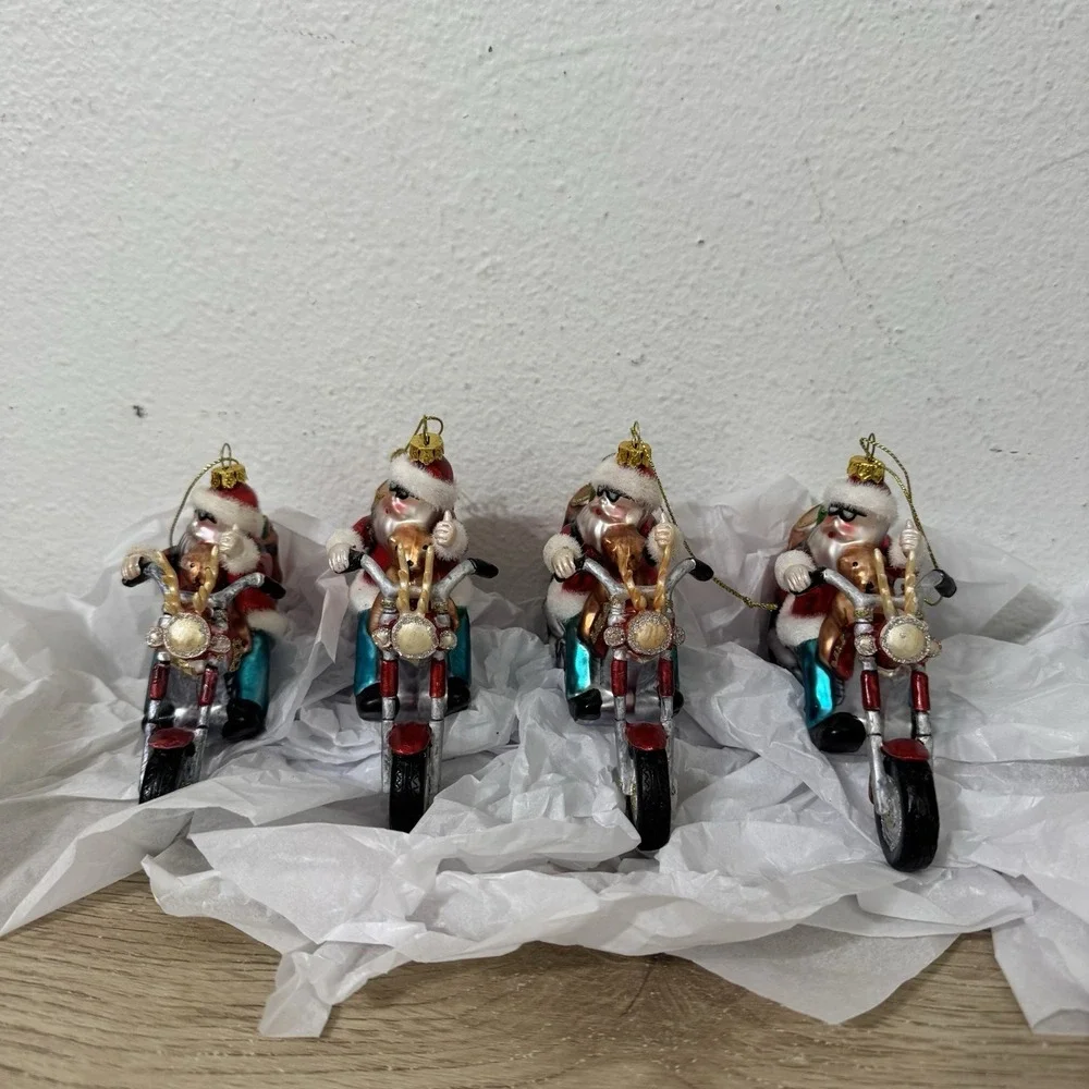 Peschka Rider Biker Santa Claus Glass Christmas Ornament Set‎ Of 4 Vintage